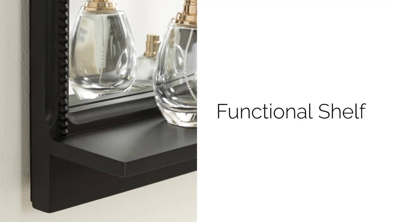 thumbnail video image 2 of Kate and Laurel Dellona Vintage Decorative Arched Mirror with Shelf, 24 x 20, Black, Wide Antique Shelf Bathroom Mirror for Over Sink for Use as Entryway or Living Room Wall Decor, 2 of 10