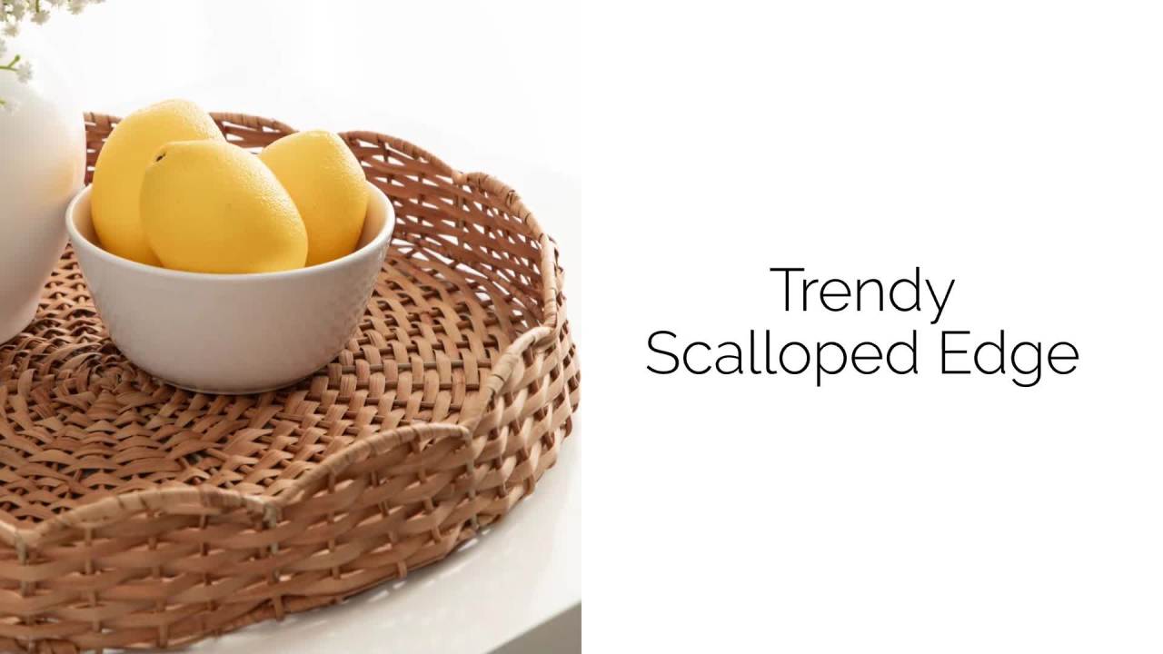 thumbnail video image 2 of Kate and Laurel Wavley Modern Round Scalloped Woven Rattan Tray, 18 Inch Diameter, Natural Rattan, Decorative Wavy Boho Tray for Use as Versatile Ottoman Tray or Serving Platter, 2 of 9