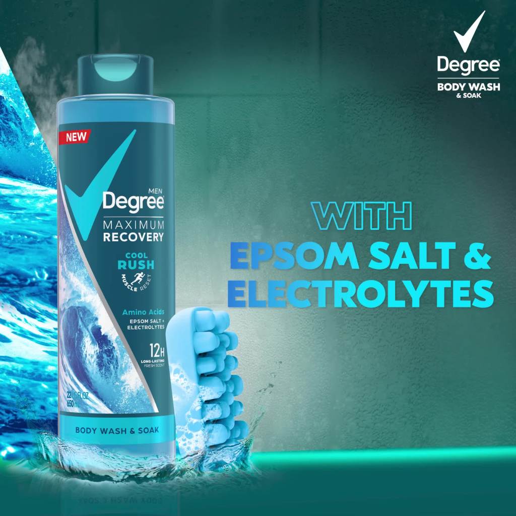 thumbnail video image 2 of Degree Men Maximum Recovery Body Wash & Soak For Post-Workout Recovery Skincare Routine Cool Rush + Epsom Salt + Electrolytes Bath and Body Product 22 oz, 2 of 9