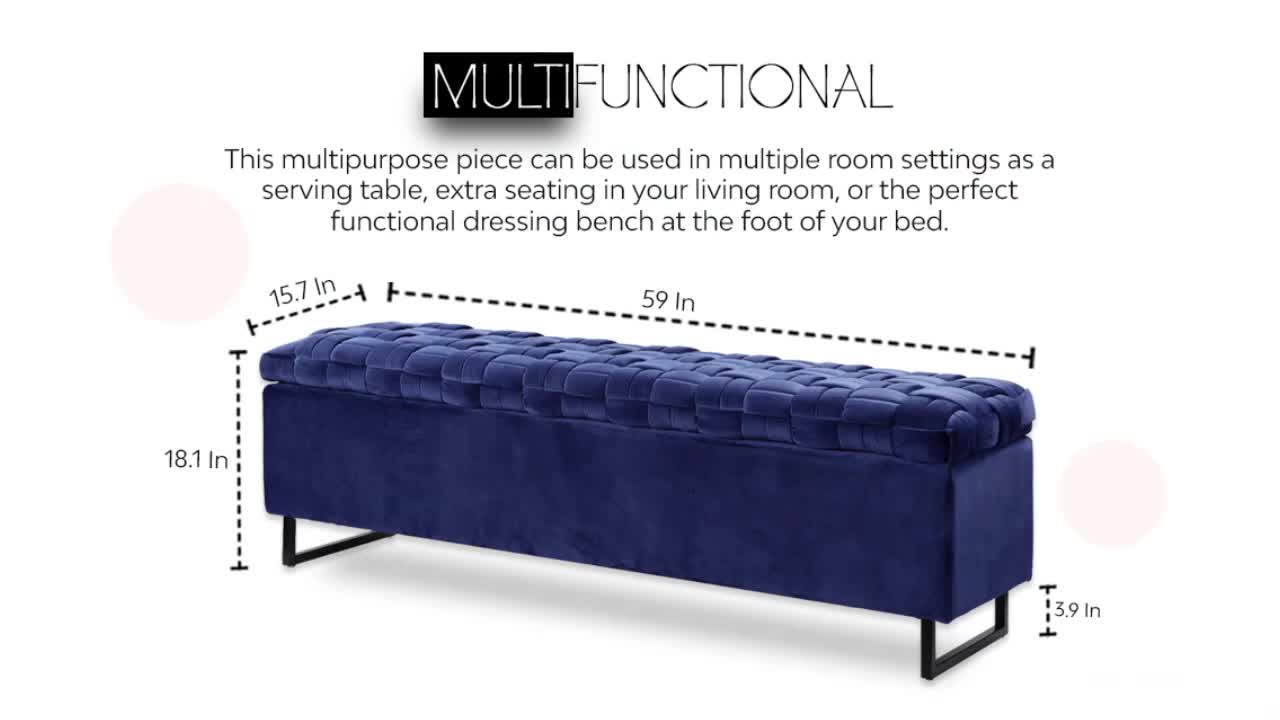 thumbnail video image 2 of Inspired Home Edgar Velvet Storage Bench, Fuchsia, 2 of 9