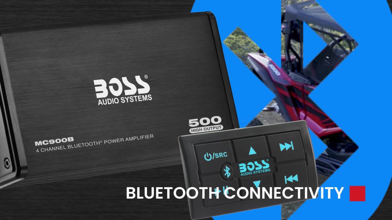 thumbnail video image 2 of BOSS Audio Systems MC900B Full Range All Terrain Marine Amplifier - 500W 4-Channel, Bluetooth, USB, 2 of 21