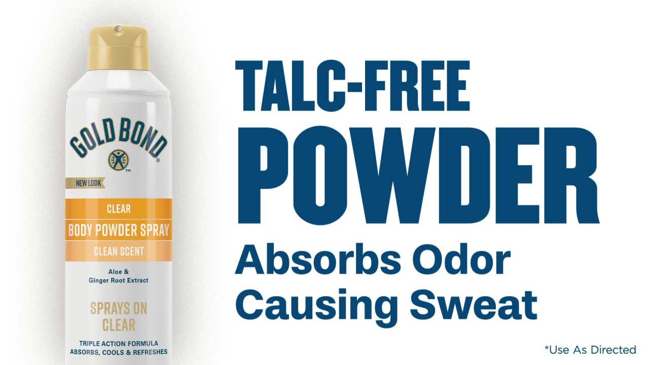 thumbnail video image 3 of Gold Bond No Mess Clear Body Powder Spray, 7 oz., Absorbs Sweat, 3 of 11