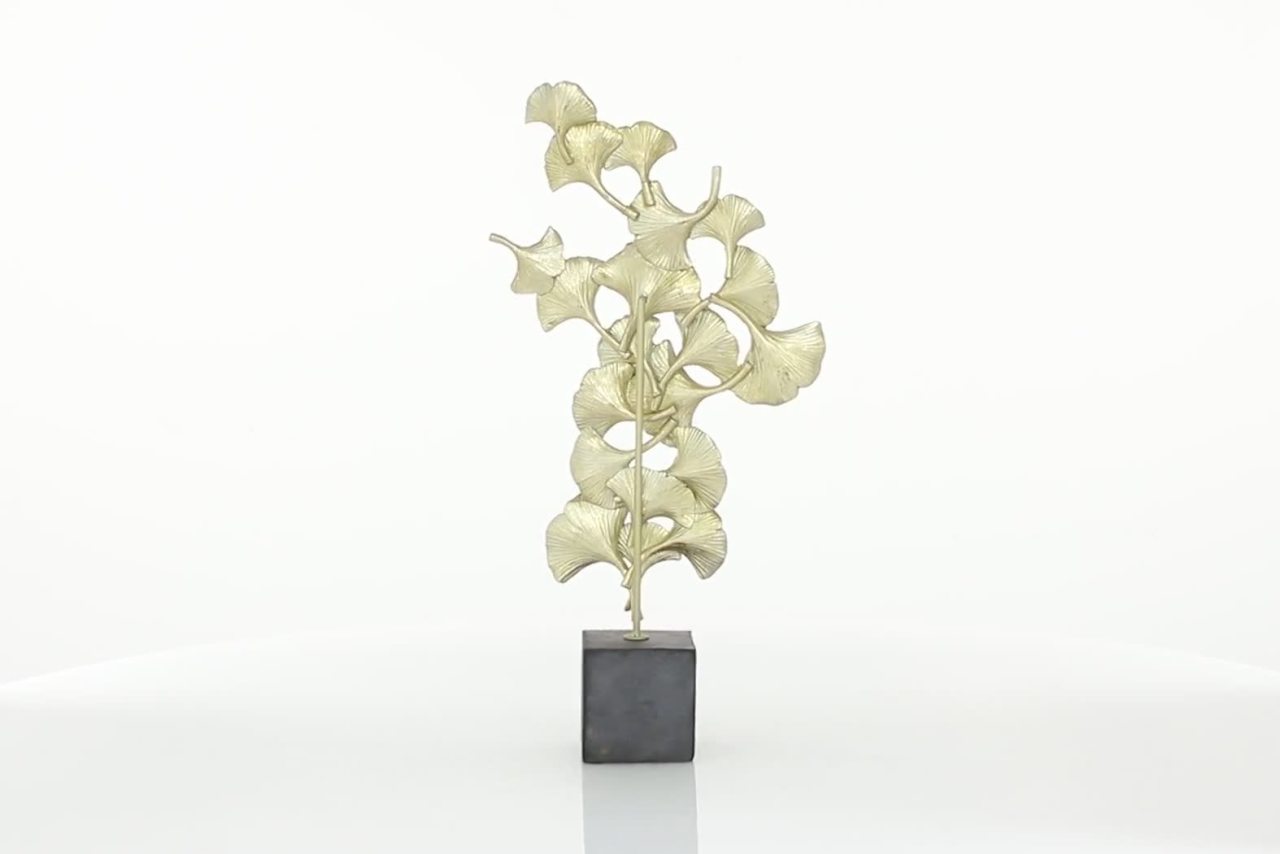 thumbnail video image 2 of 10" x 20" Gold Polystone Handmade Floral Sculpture with Black Block Base, by DecMode, 2 of 12
