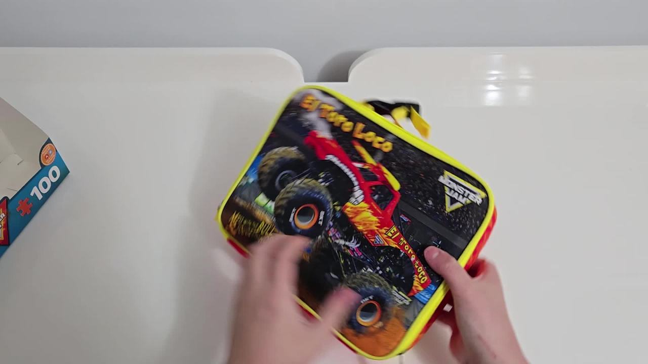 thumbnail video image 2 of Eurographics: Monster Jam Puzzle & Lunch Box - El Toro Loco - 100-Piece Jigsaw & Insulated Zipper Bag - Monster Truck Themed Set, Licensed, Kids 5+, 2 of 8