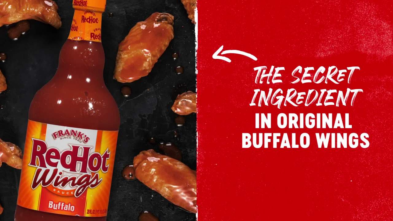 thumbnail video image 2 of Frank's RedHot Kosher Buffalo Wings Hot Sauce, 23.0 fl oz Bottle, 2 of 29