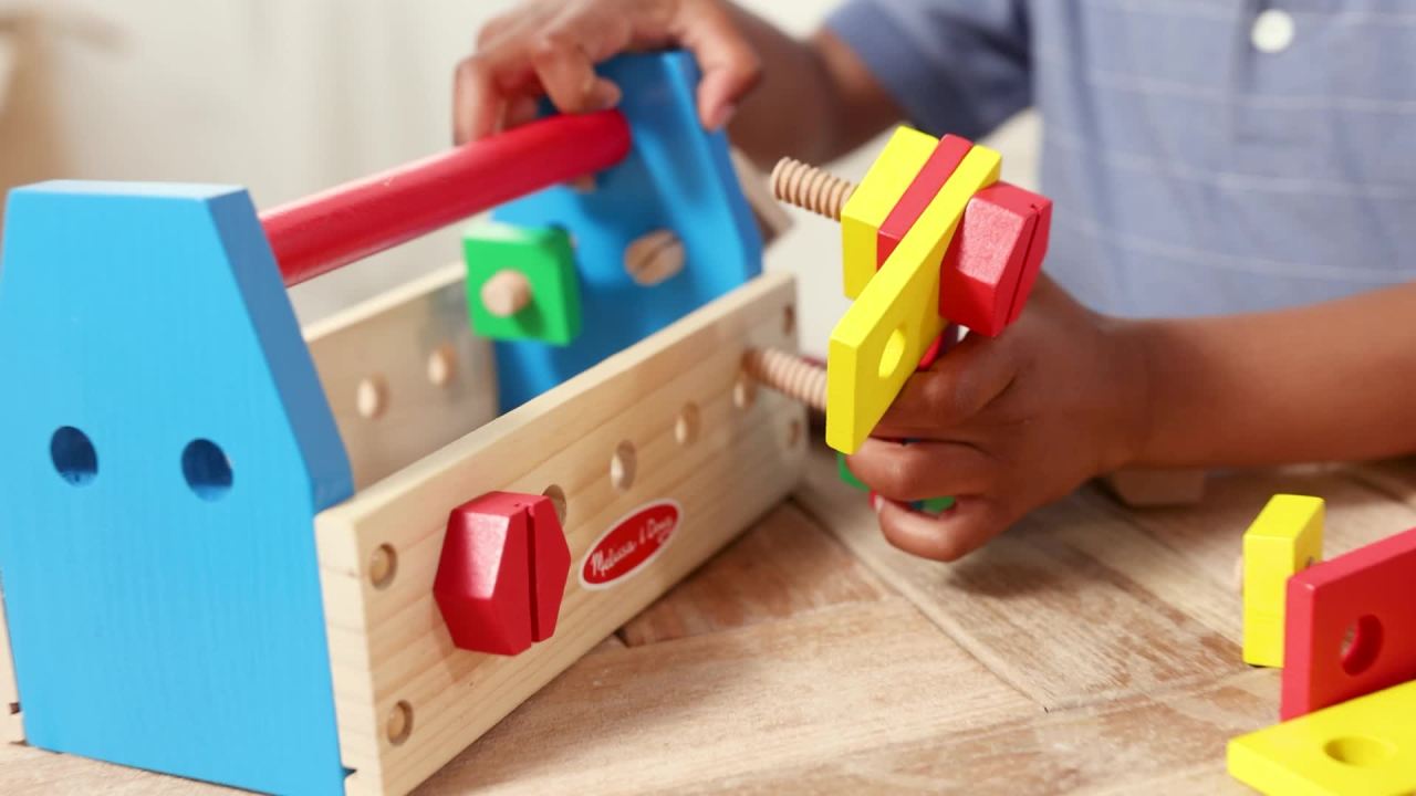 thumbnail video image 3 of Melissa & Doug Take-Along Tool Kit Wooden Construction Toy (24 pcs), 3 of 11