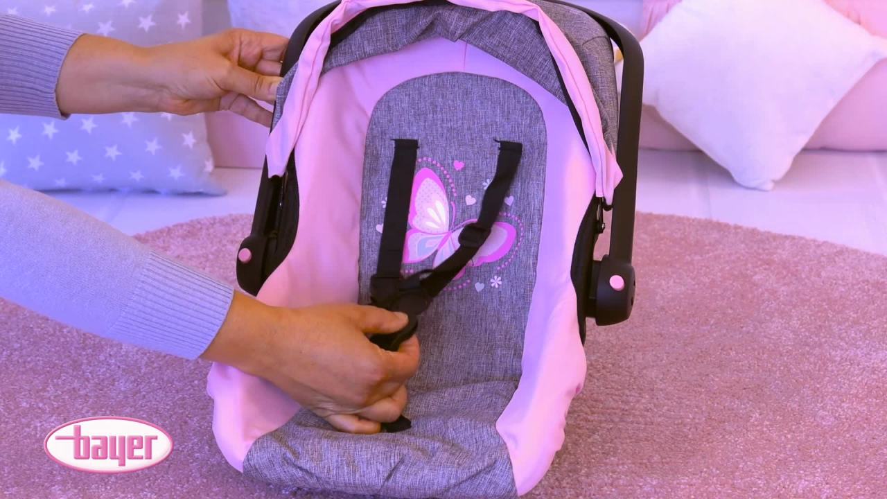 thumbnail video image 2 of Bayer: Car Seat Easy Go for Neo Vario Pram with Cover, Doll Accessories, Pink, Grey with Butterfly,Grey/pink, 2 of 11