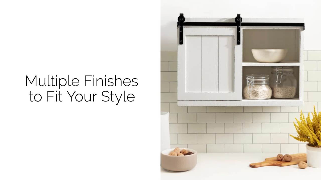 thumbnail video image 2 of Kate and Laurel Cates Decorative Wood Floating Side Table with Sliding Barn Door, 20 x 12 x 15, Natural Wood, Farmhouse Wooden Floating Wall Cabinet for Versatile Home Storage, 2 of 11