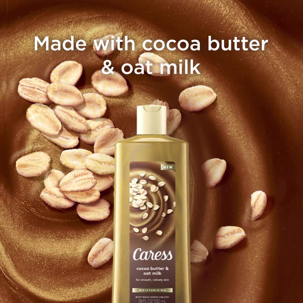 thumbnail video image 2 of Caress Moisturizing Liquid Body Wash Cocoa Butter & Oat Milk, 18.6 oz, 2 of 9
