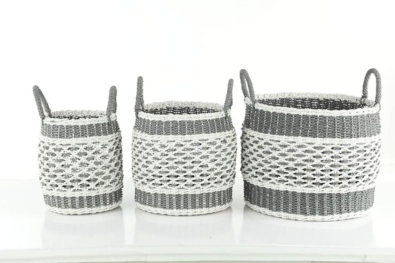 thumbnail video image 2 of DecMode 18", 17", 16" Gray Plastic Bohemian Storage Basket, 3 - Pieces, 2 of 11