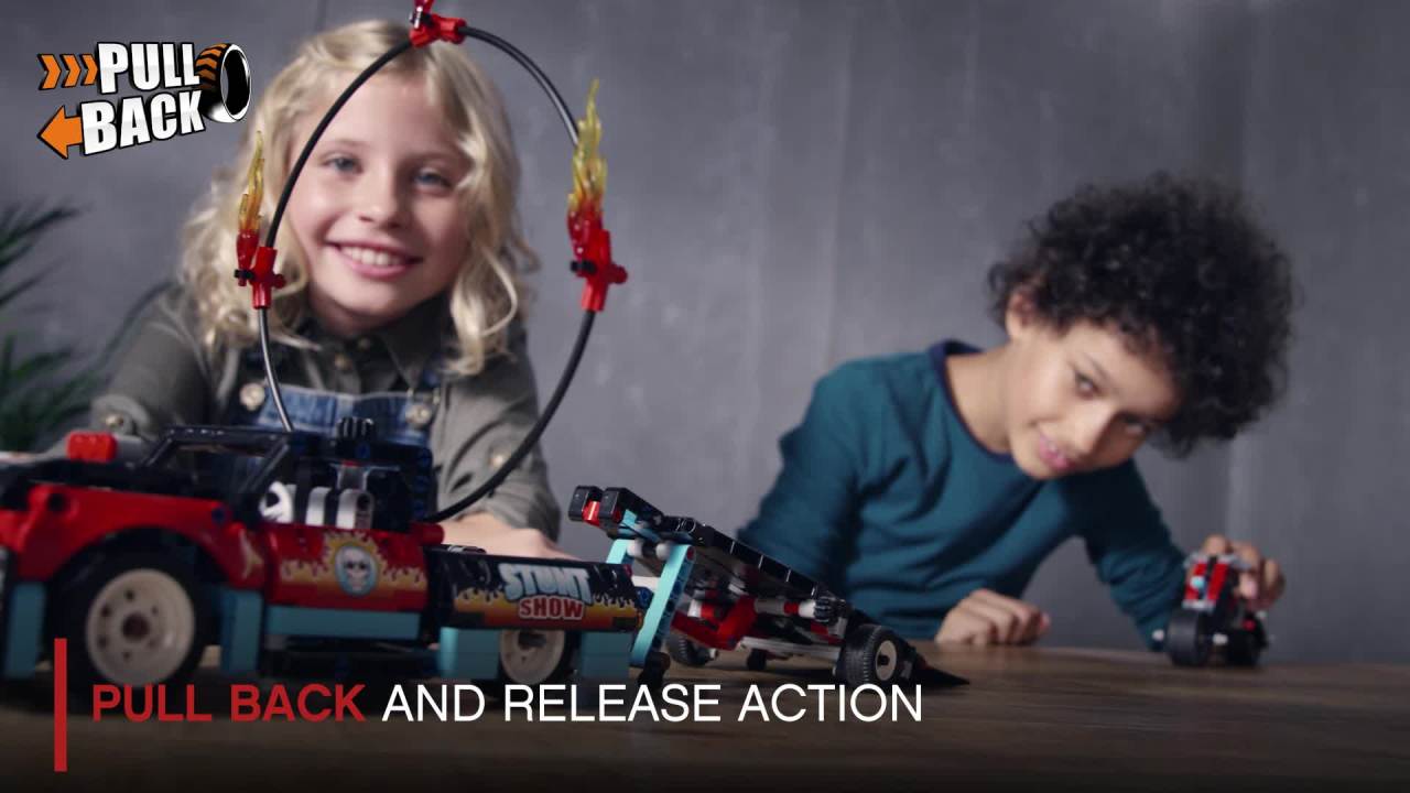 thumbnail video image 2 of LEGO Technic Stunt Show Truck & Bike 42106 Building Kit with Motorcycle, Toy Truck and Trailer (610 pieces), 2 of 5