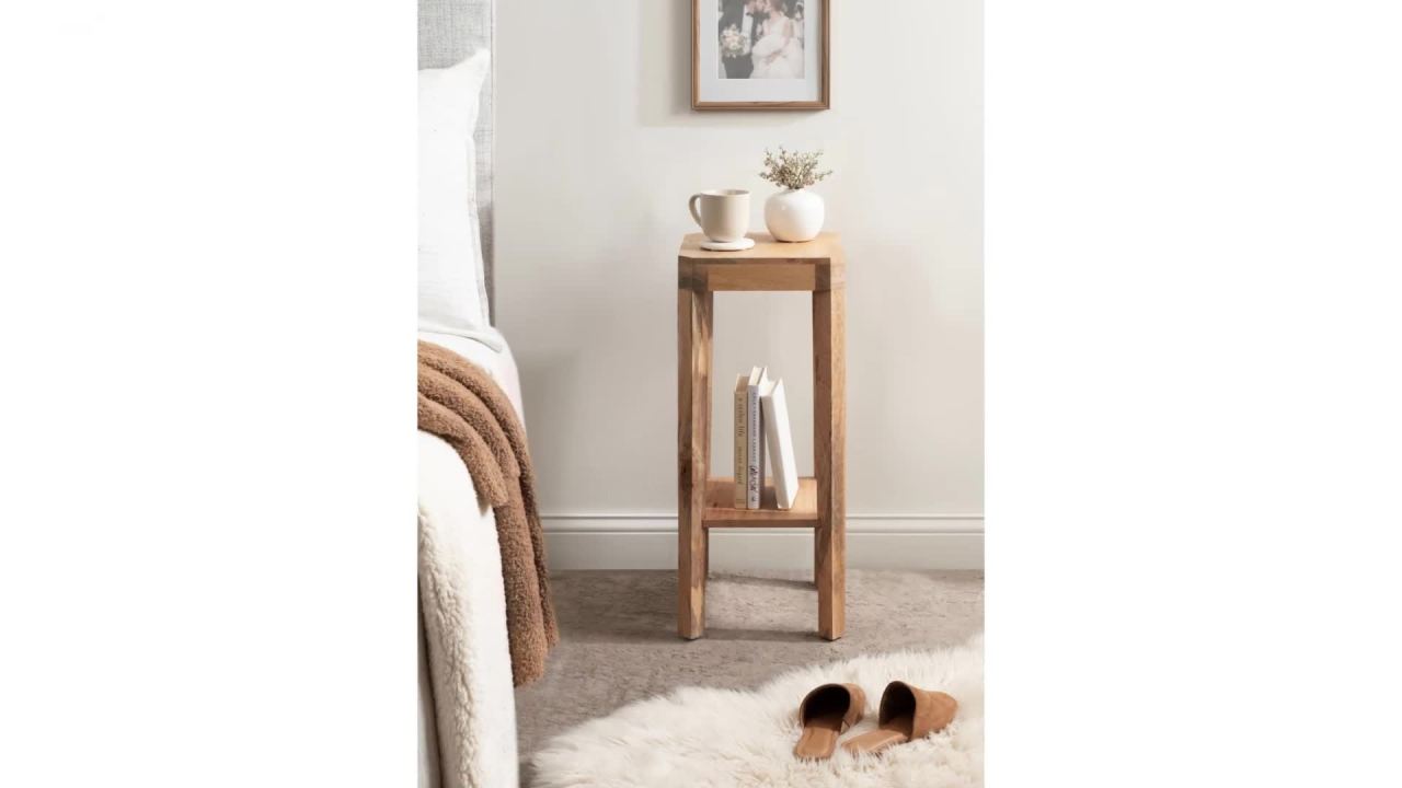 thumbnail video image 2 of Kate and Laurel Talcott Modern Square Wood Drink Table, 12 x 12 x 28, Natural Wood, Transitional Decorative Two-Tier Pedestal Table for Use as Plant Stand Indoors or Living Room Accent Table, 2 of 9