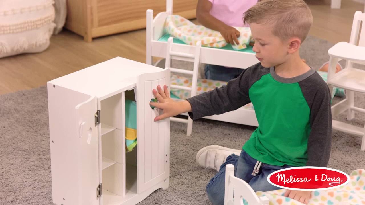 thumbnail video image 2 of Melissa & Doug Mine to Love Wooden Play Bed for Dolls, Stuffed Animals - White (8.7”H x 9.1”W x 20.7”L Assembled), 2 of 10