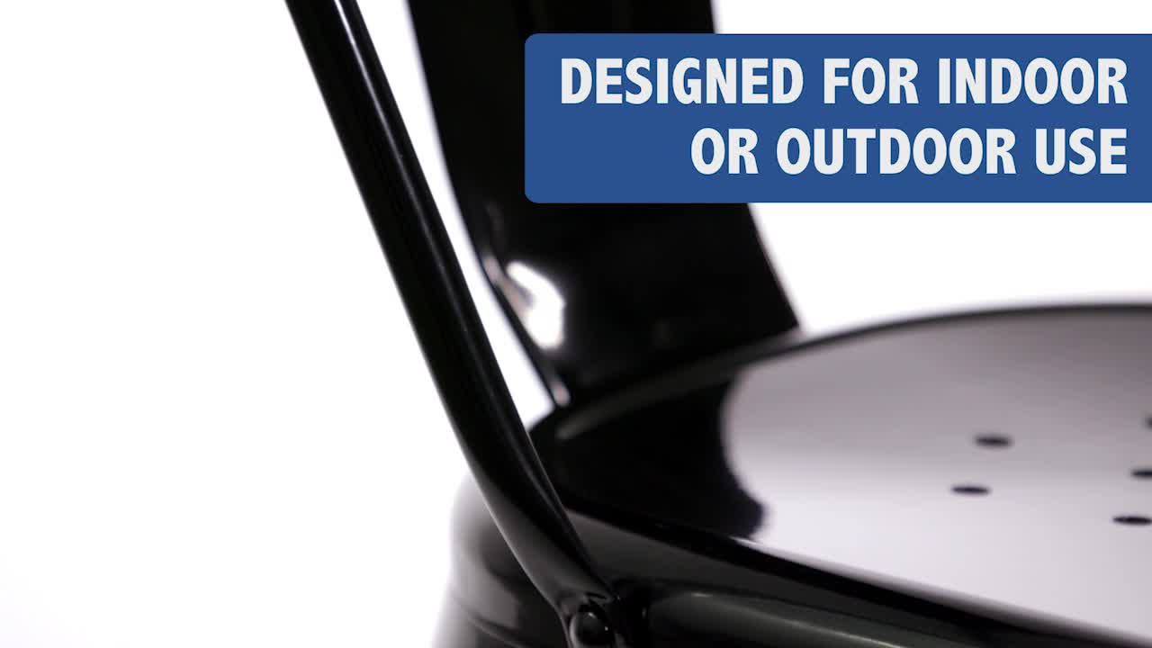 thumbnail video image 2 of Flash Furniture Perry Adult Commercial-Grade Metal Indoor/Outdoor Stackable Dining Chair, Yellow, 2 of 13