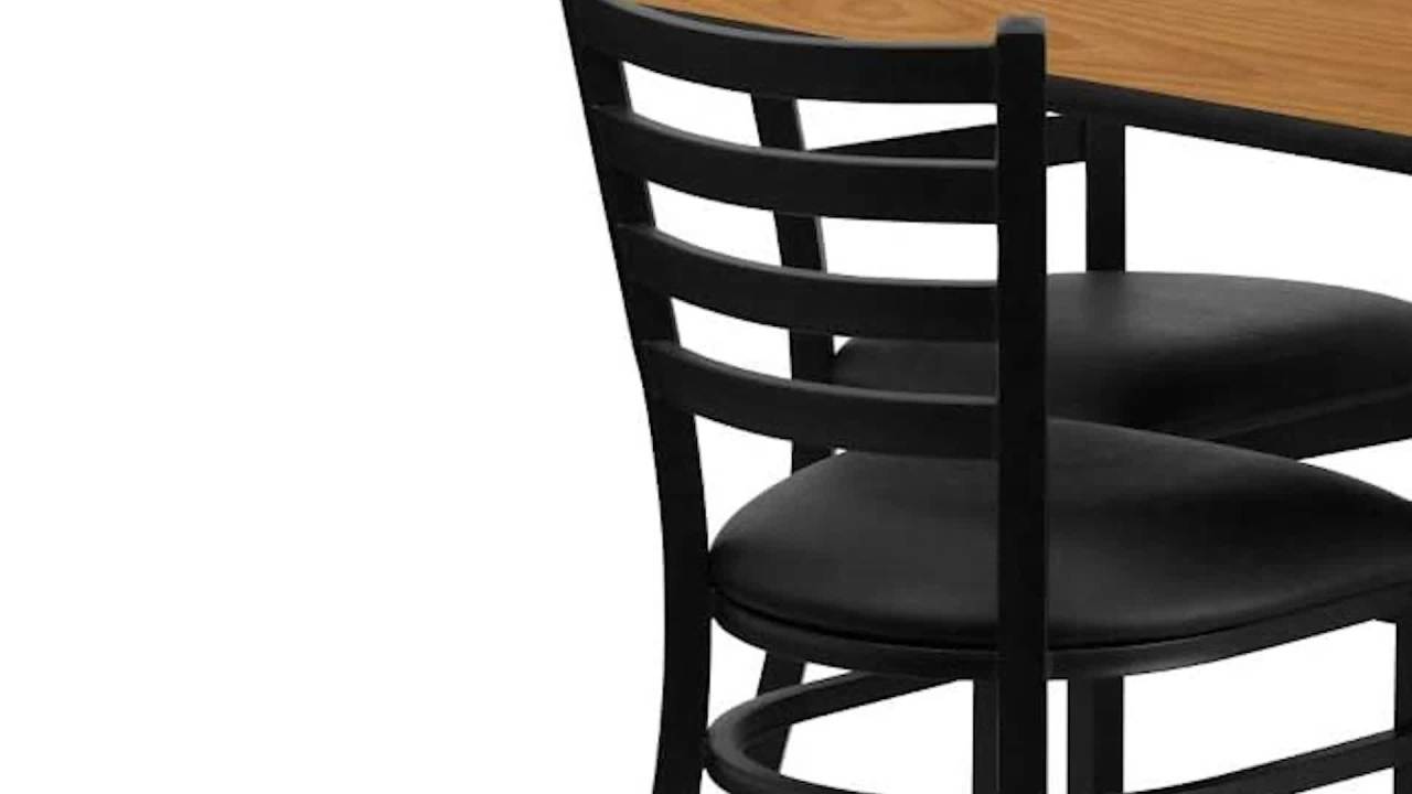 thumbnail video image 2 of Flash Furniture 36'' Square Natural Laminate Table Set with X-Base and 4 Ladder Back Metal Chairs - Black Vinyl Seat, 2 of 5