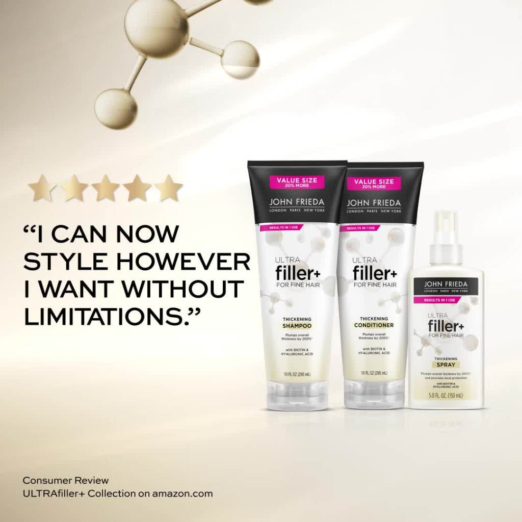 thumbnail video image 3 of John Frieda ULTRAfiller+ Thickening Shampoo for Fine Hair, Volumizing Shampoo, Biotin and Hyaluronic Acid Hair Thickening Shampoo for Women and Men, 10 oz, 3 of 10