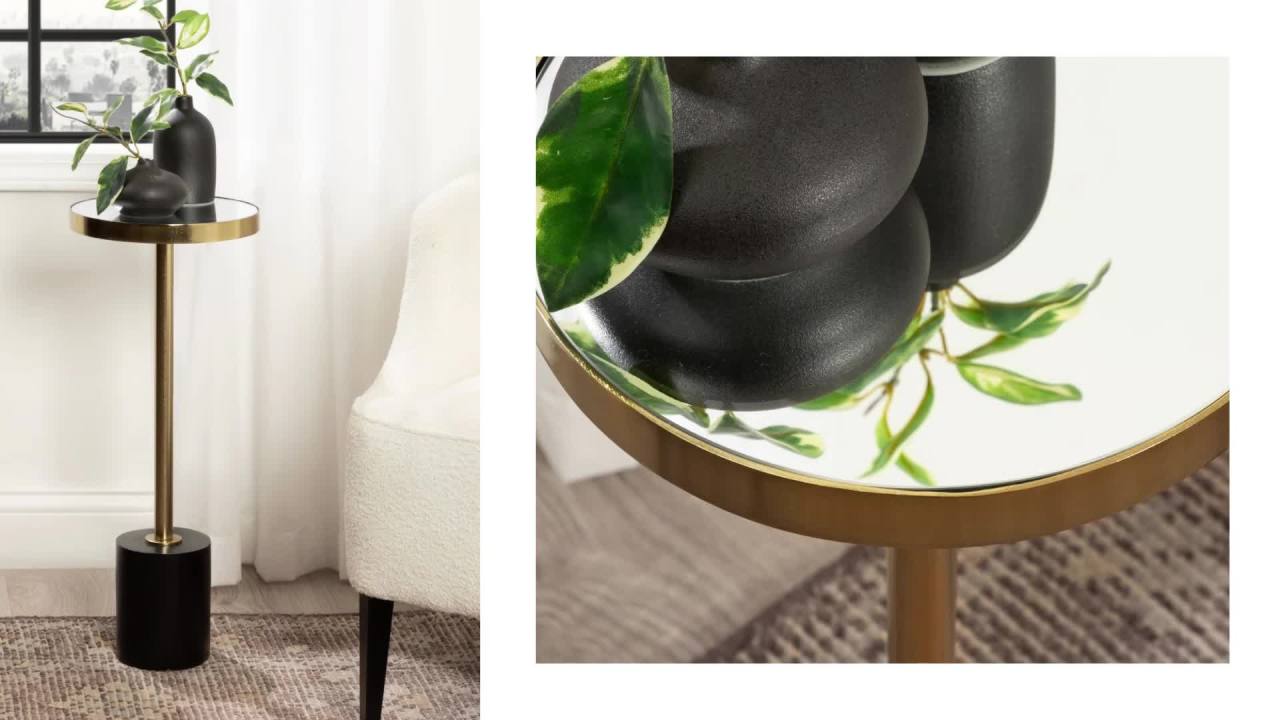 thumbnail video image 2 of Kate and Laurel Hescott Modern Mirrored Drink Table, 10 x 10 x 24, Black and Gold, Glam Round Pedestal Table for Use as Plant Stand Indoors or Living Room Accent Table, 2 of 8