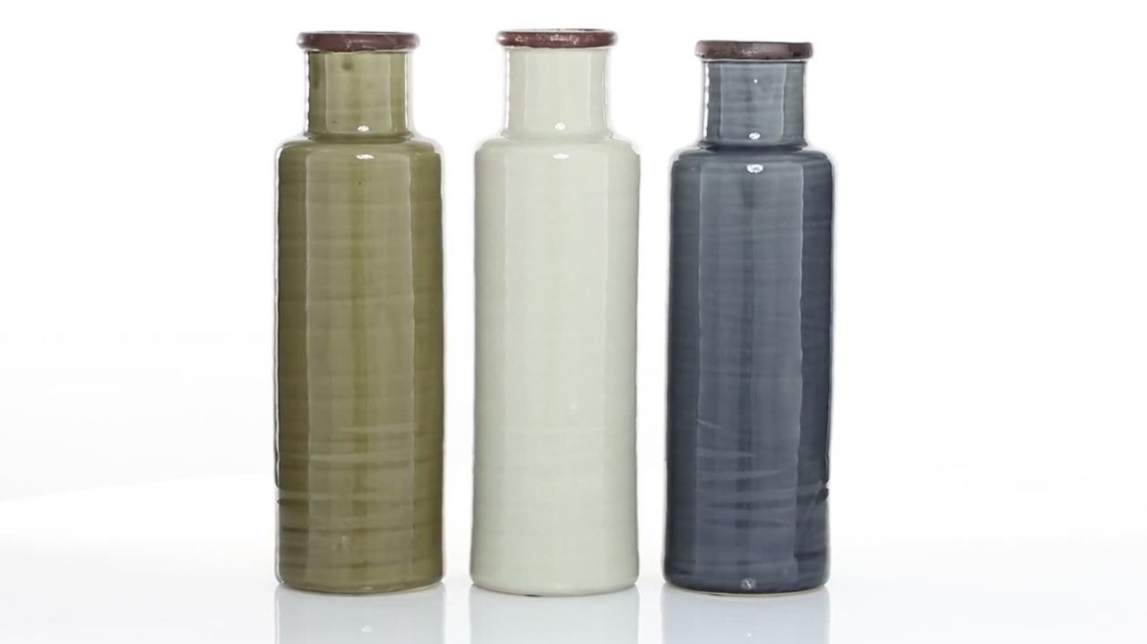 thumbnail video image 2 of DecMode 5"W, 16"H Believe, Happiness, and Enjoy Brown Ceramic Vase, Set of 3, 2 of 16