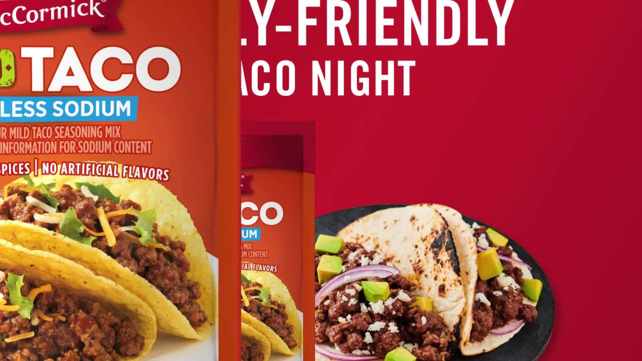 thumbnail video image 2 of McCormick 30% Less Sodium Mild Taco Seasoning Mix, 1.0 oz Packet, 2 of 26