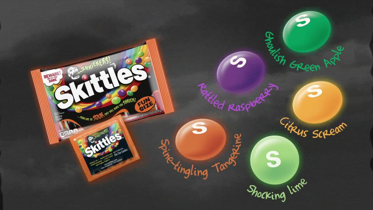 thumbnail video image 2 of Skittles Shriekers Sour Halloween Chewy Candy Fun Size Bag - 10.72 oz, 2 of 13