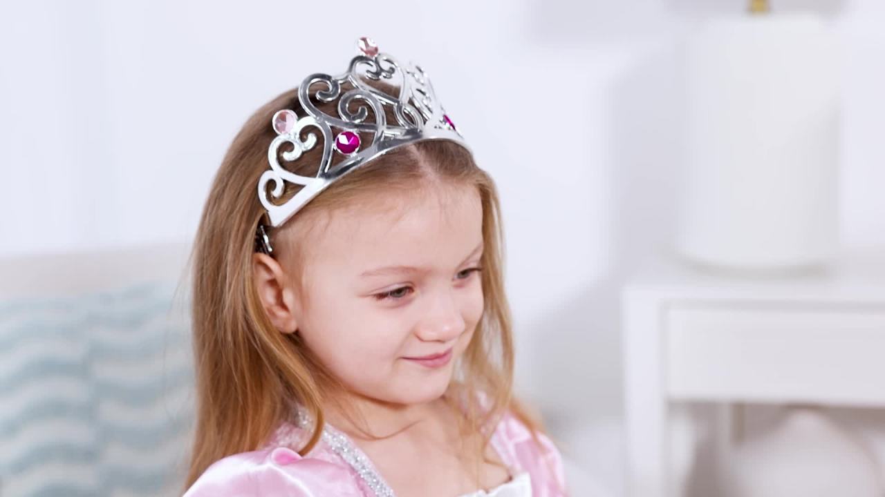 thumbnail video image 2 of Melissa & Doug Princess Role Play Costume Set (3 pcs)- Pink Gown, Tiara, Wand, 2 of 10