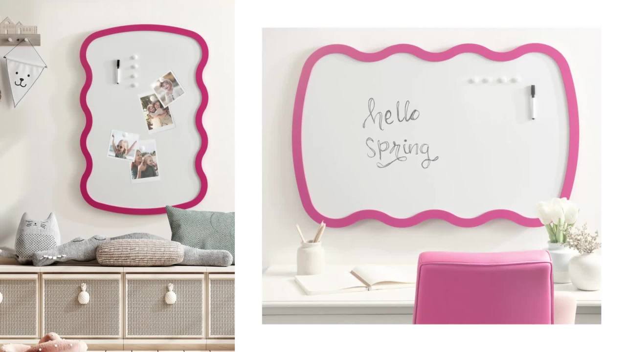 thumbnail video image 2 of Kate and Laurel Holbrook Wavy Magnetic Dry Erase Board with Marker and Four Magnets, 24 x 36, Gold, Decorative Wall Organization White Board for Use as Apartment or Dorm Room Decor, 2 of 9