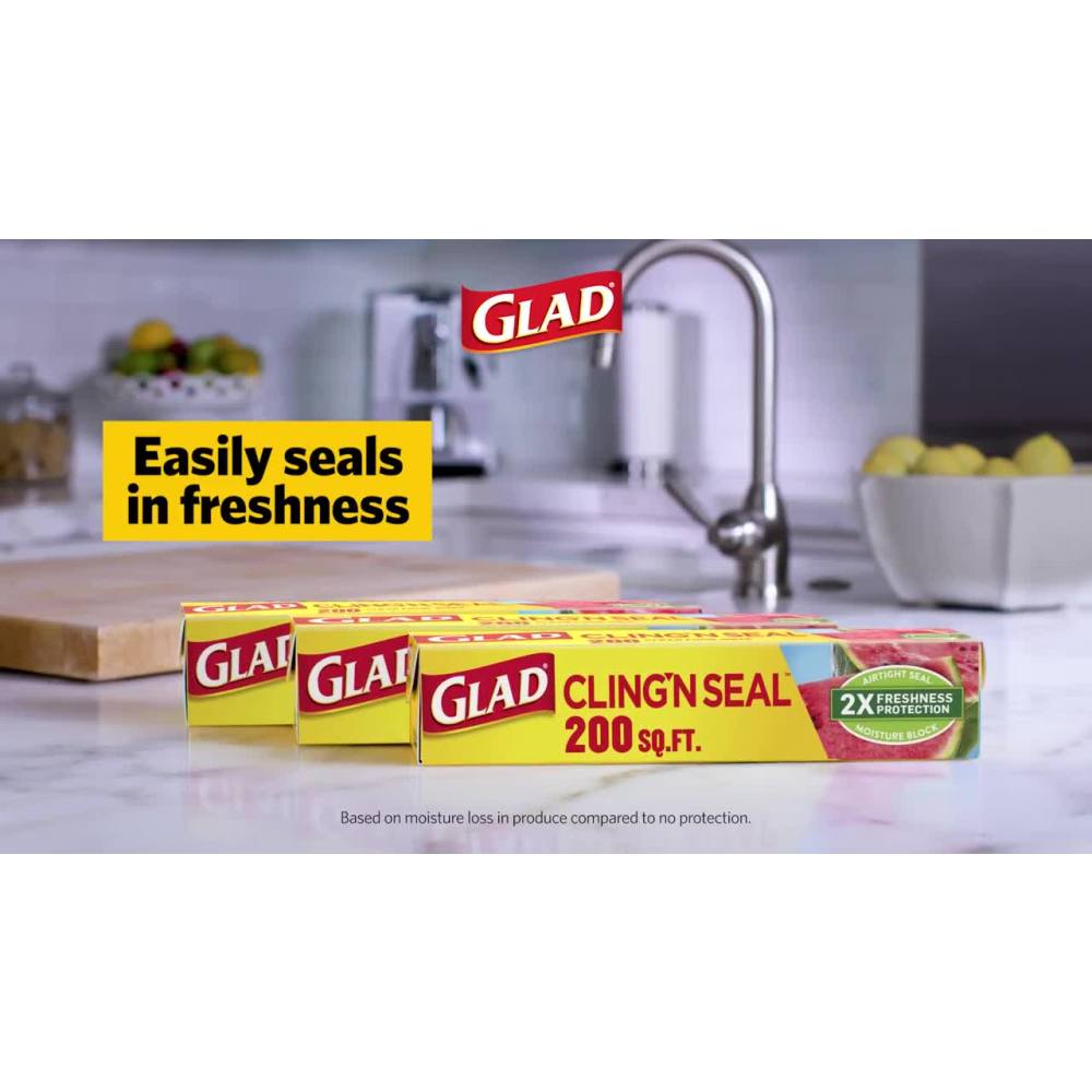 thumbnail video image 2 of Glad Cling N Seal Plastic Food Wrap, 200 sq ft Roll, 2 of 9