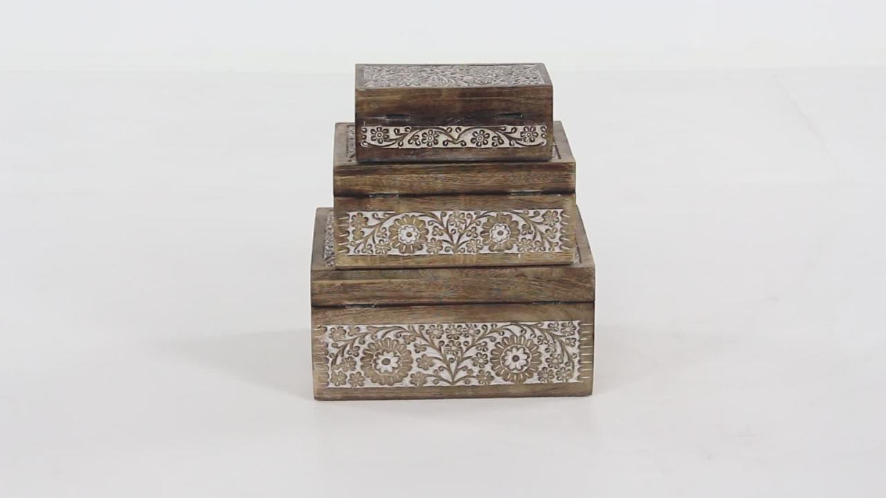 thumbnail video image 2 of DecMode Coastal Carved Flower Wooden Decorative Box with Natural Brown Finish, Set of 3 8" , 10", 12"H, 2 of 18