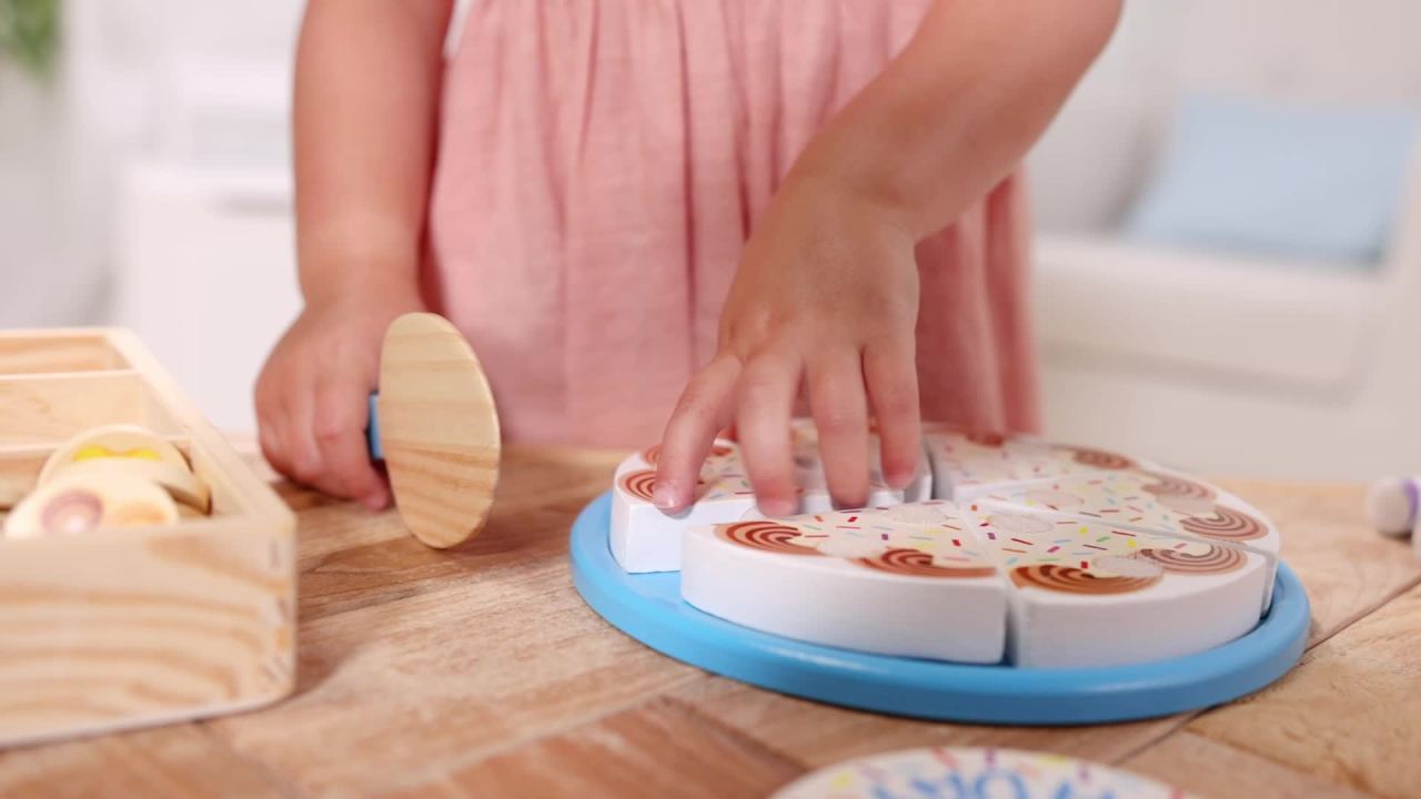 thumbnail video image 2 of Melissa & Doug Birthday Party Cake - Wooden Play Food With Mix-n-Match Toppings and 7 Candles, 2 of 10
