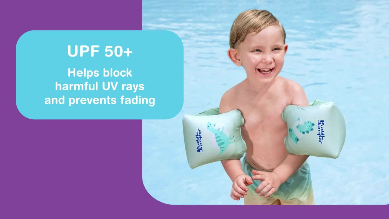 thumbnail video image 3 of Puddle Jumper AquaStar Fabric Inflatable Armband Floaties, Dinosaur, Up to 66 lbs, 3 of 16