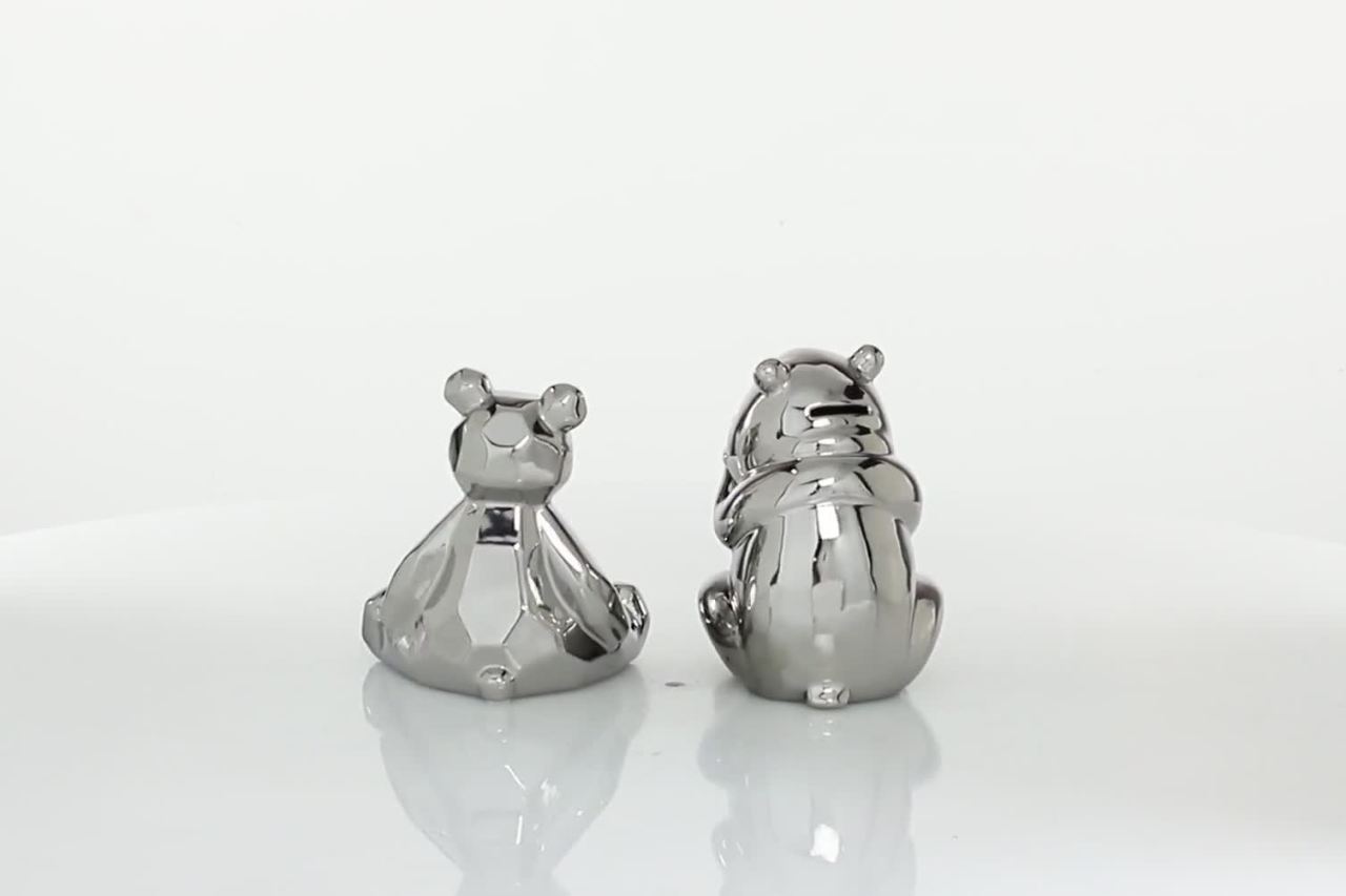 thumbnail video image 2 of 8", 7"H Silver Porcelain Handmade Bear Sculpture, by CosmoLiving by Cosmopolitan (2 Count), 2 of 10