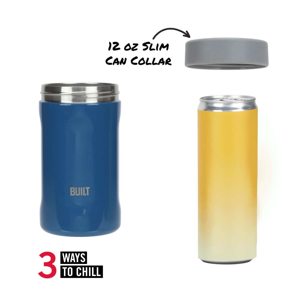 thumbnail video image 2 of BUILT 5-in-1 14 oz Insulated Stainless Steel Can Cooler and Drink Sleeve Set, Poseidon, 2 of 8