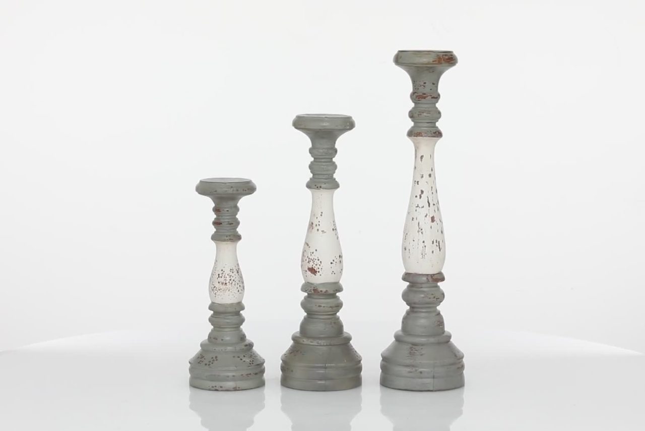 thumbnail video image 2 of DecMode 3 Candle Gray Aluminum Metal Turned Style Pillar Candle Holder with White Accents, Set of 3, 2 of 10