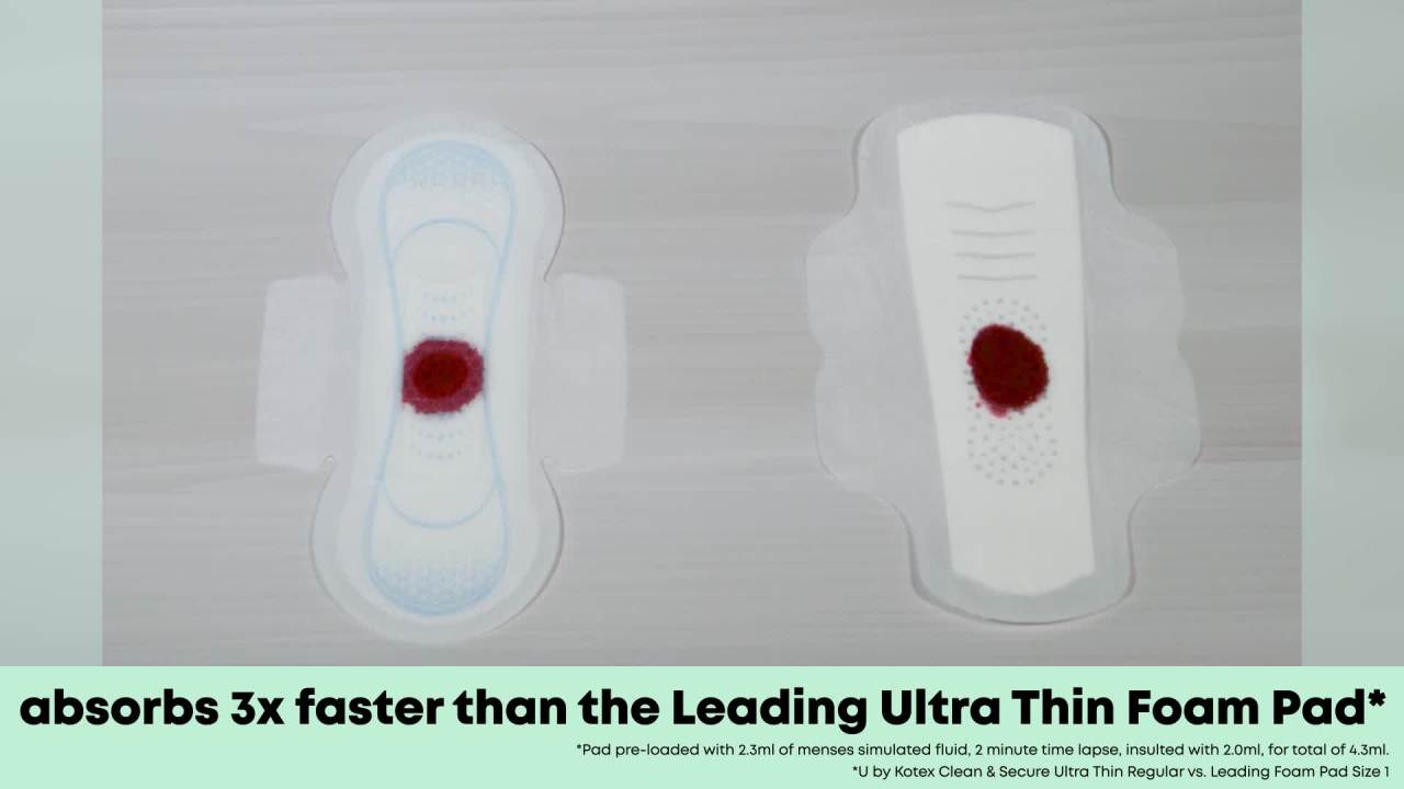 thumbnail video image 2 of (4 pack) U by Kotex Clean & Secure Ultra Thin Pads, Regular Absorbency, 60 Count, 2 of 13