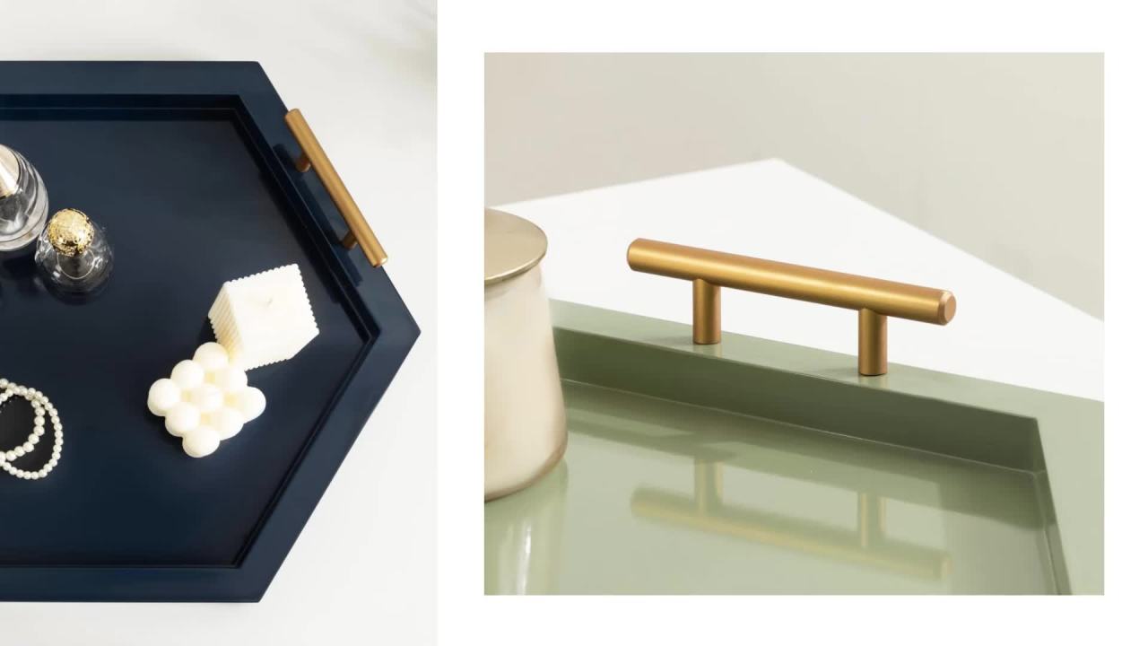 thumbnail video image 2 of Kate and Laurel Halsey Decorative Hexagon Tray with Gold Metal Handles, 18 x 16, Navy Blue and Gold, Modern Glam Serving Tray with Handles for Living Room Decor, 2 of 9