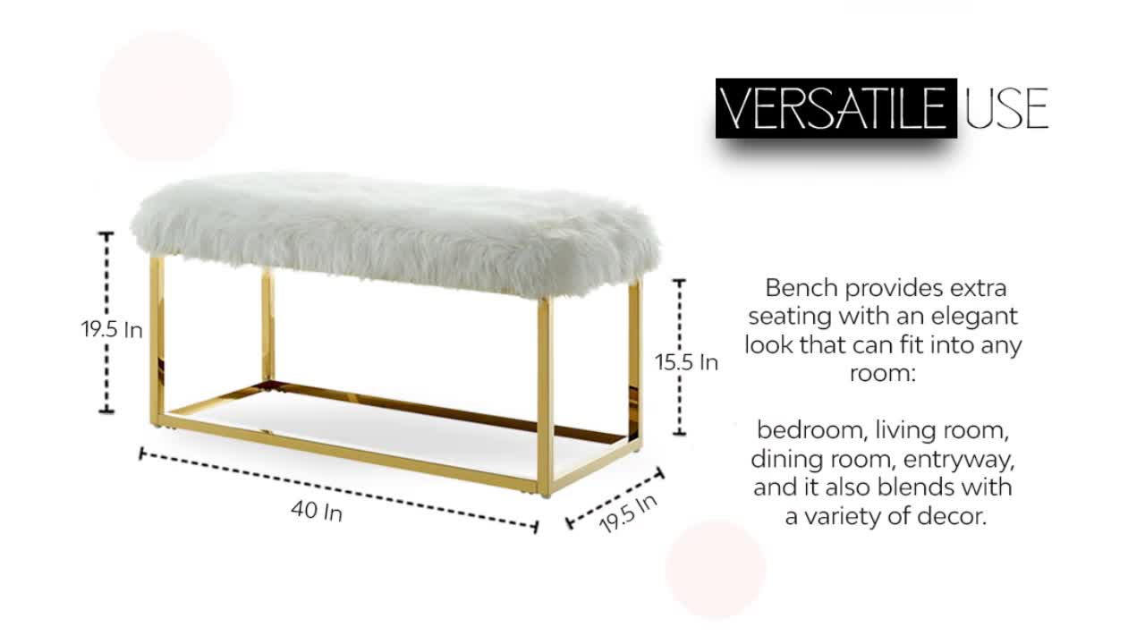 thumbnail video image 2 of Inspired Home Randy Faux Fur Bench Chrome Frame Ottoman Modern, Grey, 2 of 9