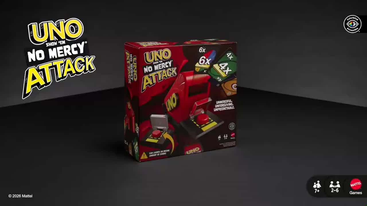 thumbnail video image 2 of UNO Show ‘em No Mercy® Attack Card Game With Card Launcher for Kids, Fans, Adults & Family Night, 2 of 7