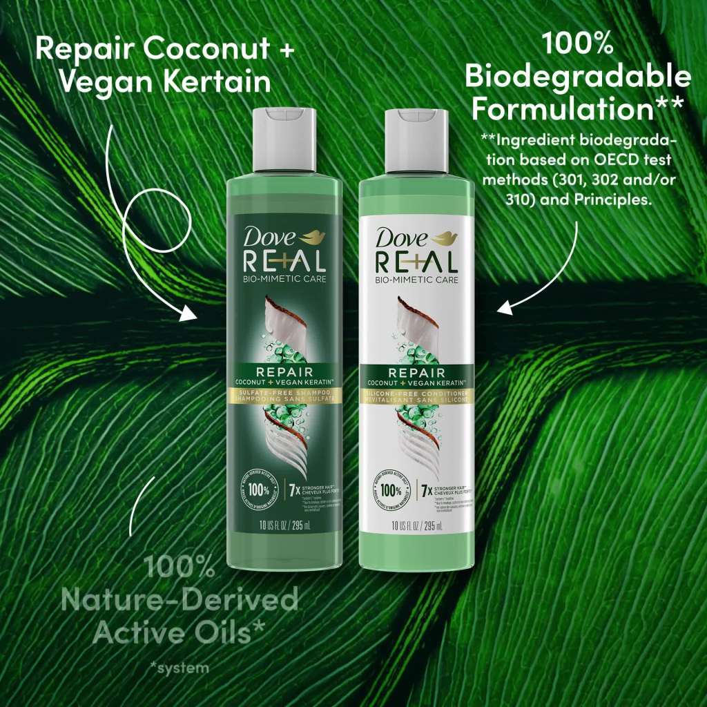 thumbnail video image 2 of Dove Real Biomimetic Care Repair Daily Shampoo with Vegan Keratin All Hair Types, Coconut, 10 fl oz, 2 of 10