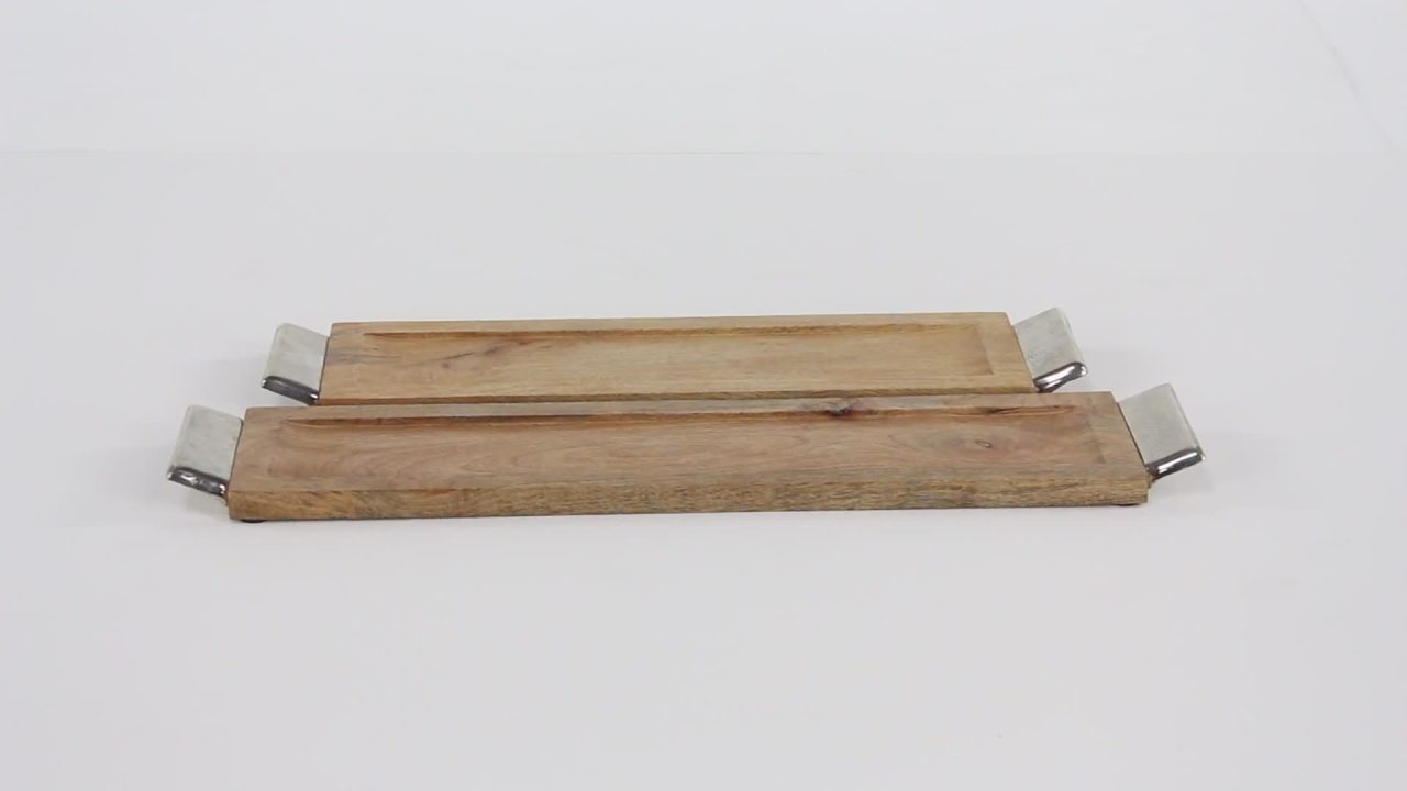 thumbnail video image 2 of DecMode 27", 23"W Dark Brown Mango Wood Tray with Metal Handles, 2-Pieces, 2 of 7