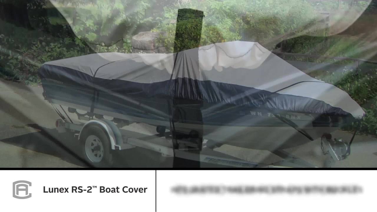 thumbnail video image 2 of Classic Accessories Lunex RS-2 Heavy Duty Boat Cover with Support Pole, Fits Boats 22' - 24' L x 116" W, Trailerable Boat Cover with All-Weather Ripstop Fabric Panels, Model F, 2 of 3