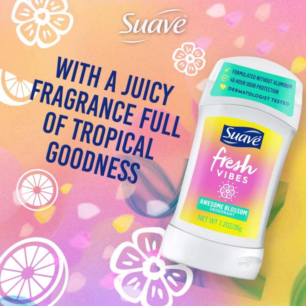 thumbnail video image 2 of Suave Fresh Vibes Deodorant Stick Awesome Blossom, 1.2 OZ, 2 of 5