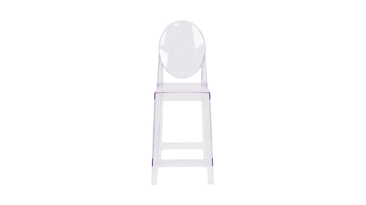 thumbnail video image 2 of Flash Furniture Revna 4 Pack Revna Ghost Counter Stool with Oval Back in Revna Transparent Crystal, 2 of 15