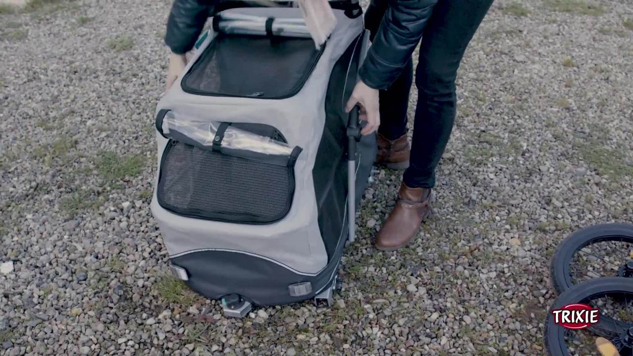 thumbnail video image 2 of TRIXIE Quick-Fold Dog Bike Trailer, Carrier for Medium Dogs up to 66 lbs, Gray, 2 of 8