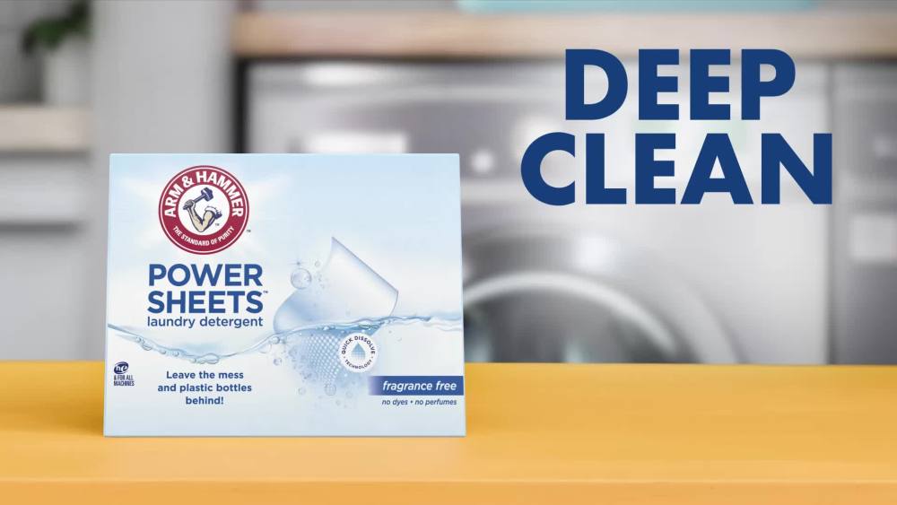 thumbnail video image 2 of ARM & HAMMER Power Sheets Laundry Detergent, Fragrance Free, 60  Count, Up to 120 Small Loads, 2 of 14