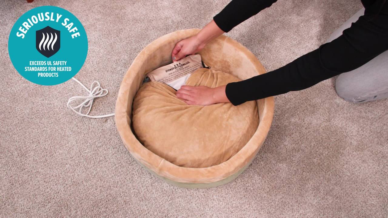 thumbnail video image 2 of K&H Pet Products Thermo-Kitty Bed Indoor Heated Cat Bed Mocha/Tan Small 16 Inches, 2 of 10