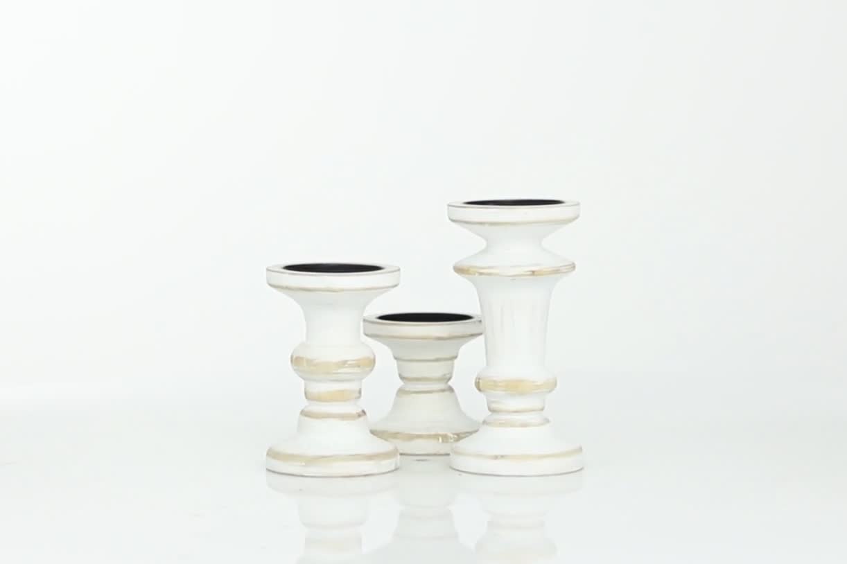 thumbnail video image 2 of DecMode Farmhouse Wood Pillar Candle Holders, Set of 3, 8", 6", 4"H, White Distressed Finish, 2 of 13