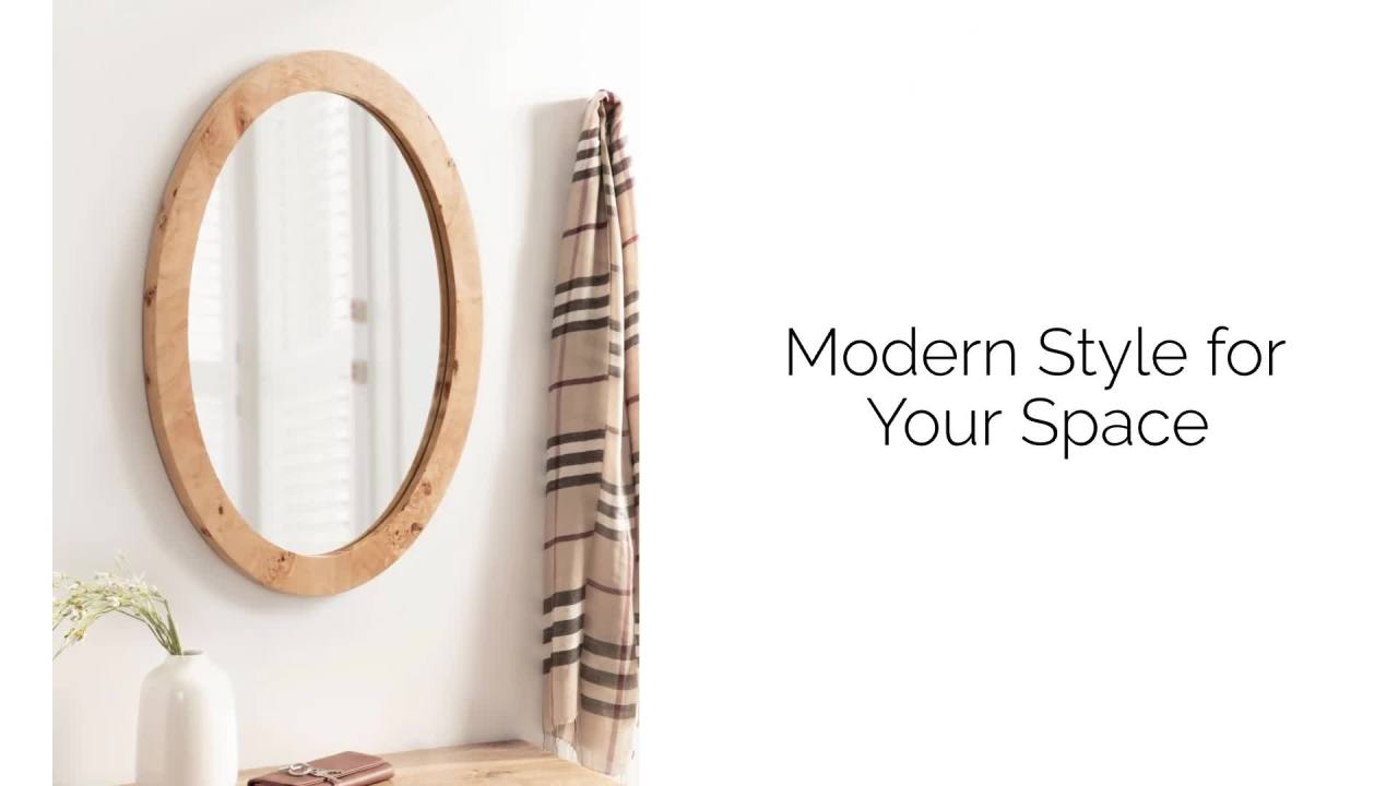 thumbnail video image 2 of Kate and Laurel Burlock Modern Burlwood Arched Mirror, 22 x 32, Natural Wood, Transitional Arch Mirror for Use as Vanity Bathroom Mirror or Fireplace Mantel Mirror, 2 of 10