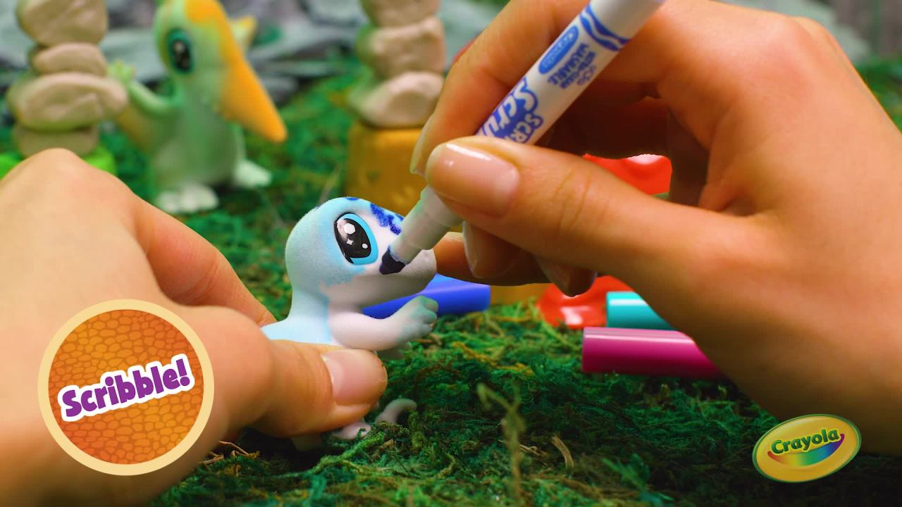 thumbnail video image 2 of Crayola Scribble Scrubbie Pets Dinosaur Island Playset, 3 Dino Toys with Washable Markers, Arts and Crafts, Creative Gift for Kids, Ages 3+, 2 of 11