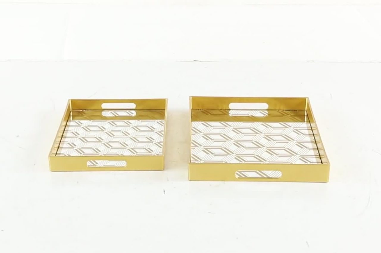 thumbnail video image 2 of CosmoLiving by Cosmopolitan 14", 16"W Gold Plastic Mirrored Geometric Tray, 2-Pieces, 2 of 9