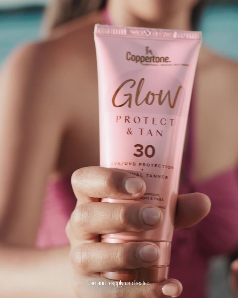 thumbnail video image 2 of Coppertone Glow Protect and Tan Sunscreen Lotion + Gradual Self Tanner, SPF 45, 5 fl oz Tube, 2 of 14